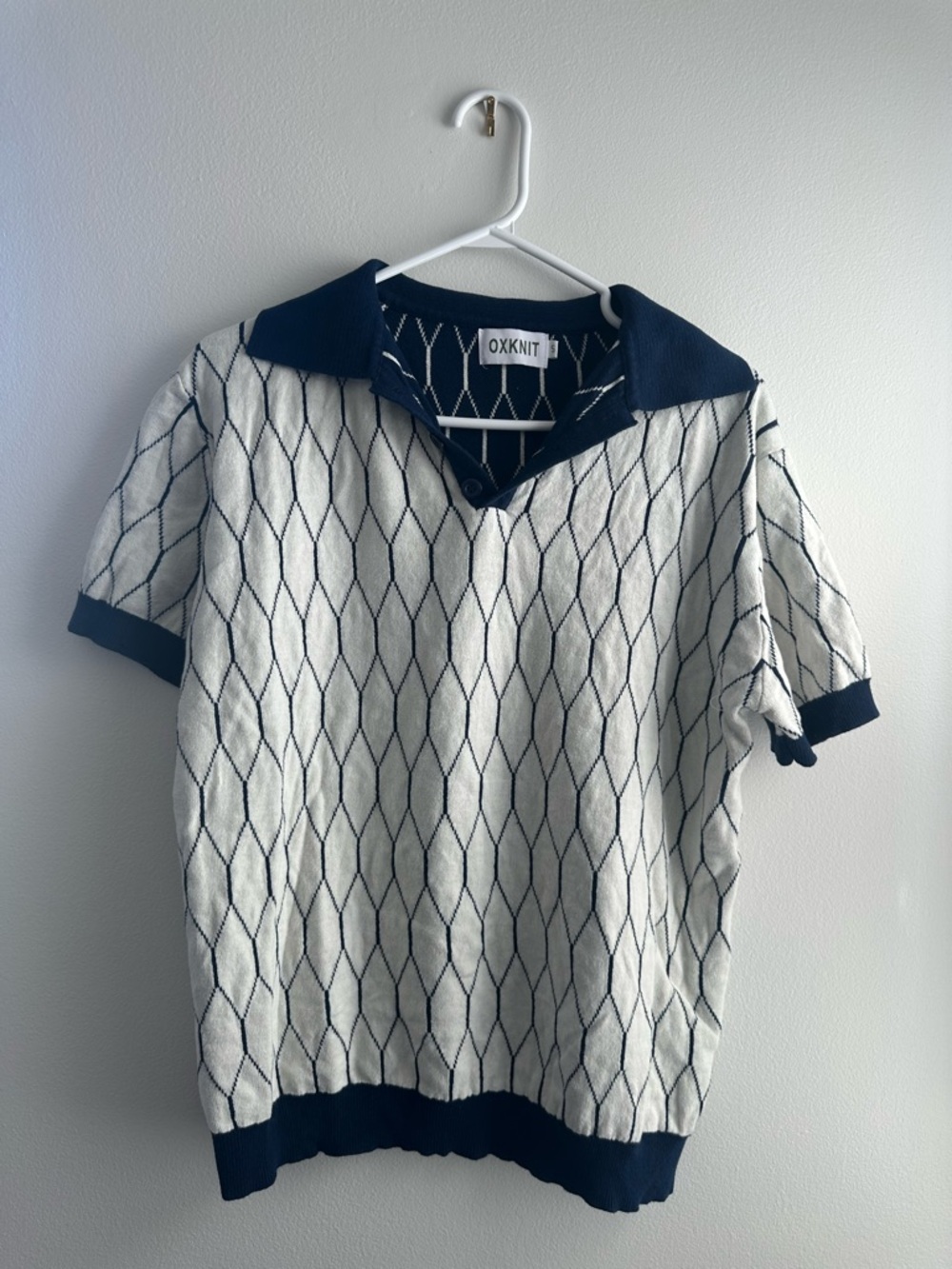 OXKNIT Navy and White Geometric Short-Sleeve Polo